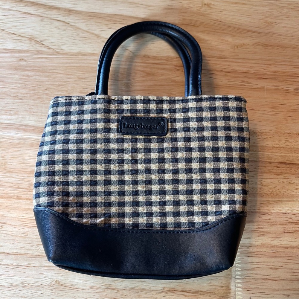 Longaberger Homestead Mini Tote Bag Gingham Tan Black Check Faux Leather Trim